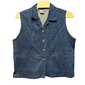 Lady Jane Denim Vest Womens 2X Blue Embroidered Floral Button Front Made in USA